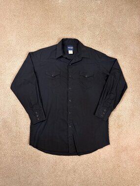 Wrangler Shirt Mens XL 17-36 Tall Black Western Pearl Snap Long Sleeve Cowboy